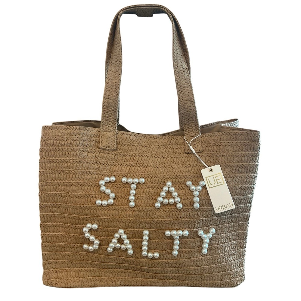 NWT Urban Expressions Tan Woven Bag/Purse With Pearls "Stay Salty" Beach Vacay - Picture 2 of 7